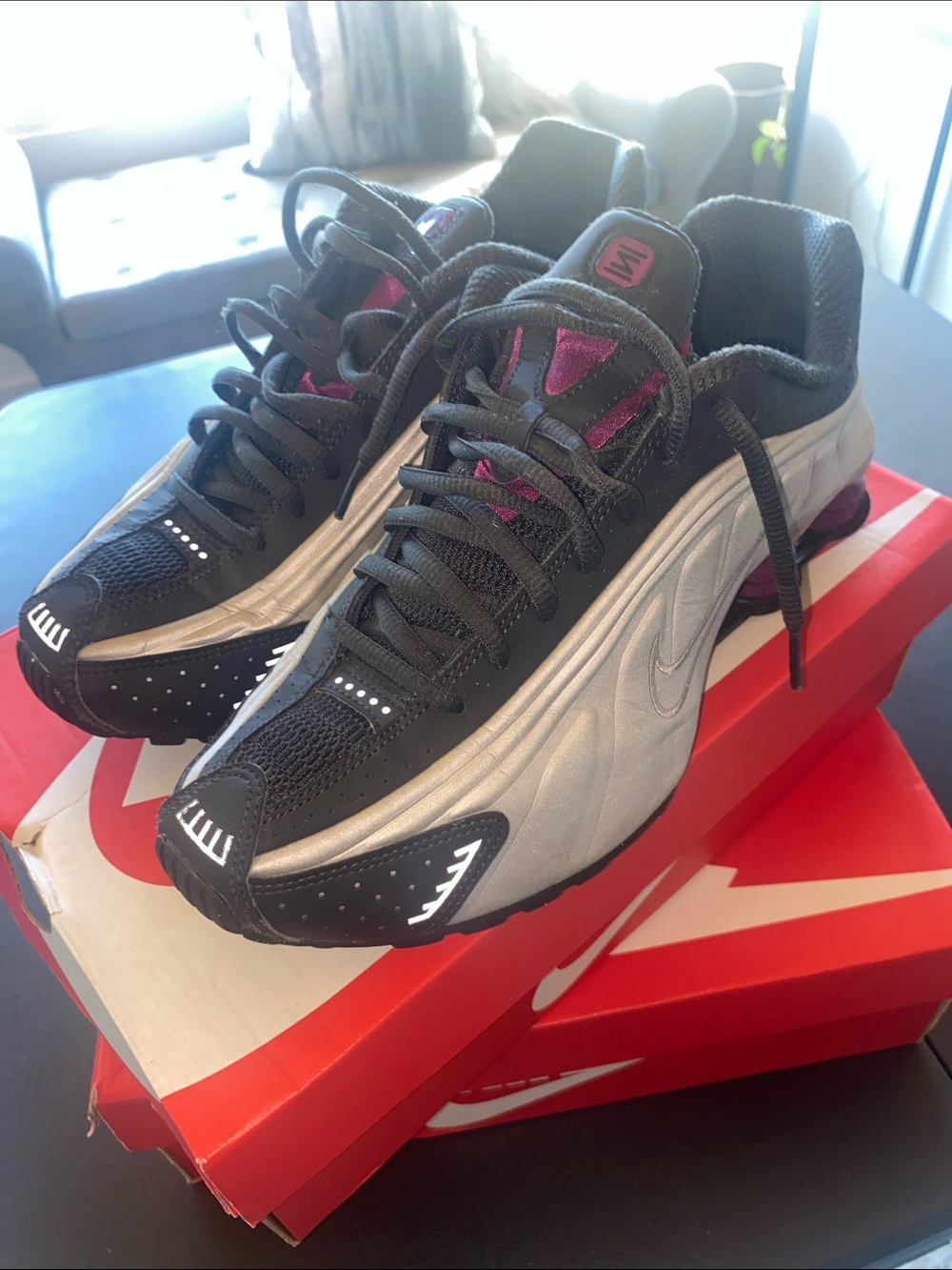 Women’s Dark Grey, Silver and Purple Nike Shox R4 Running Sneakers